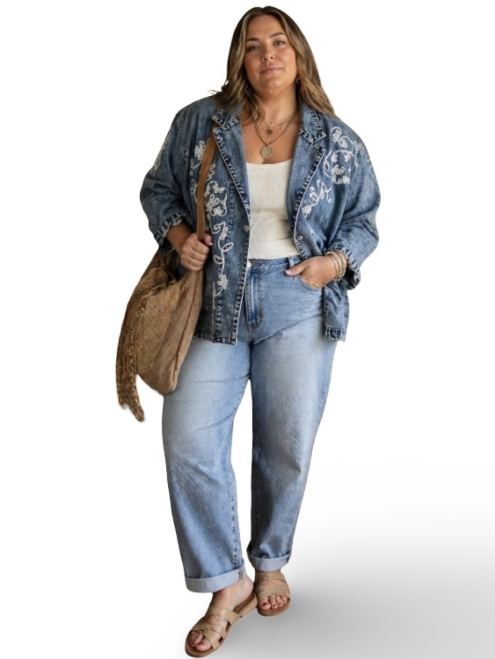 Vintage 90s Embroidered‎ Denim Jacket Beaded Floral Acid Wash Blazer